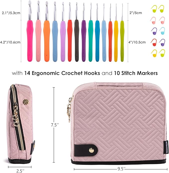 MYBAGZING Crochet Hook Case with 14 Size Crochet Hooks Set 2mm(B)-10mm(N) Ergonomic Crochet Hooks with Crochet Case Stand Up - Crochet Hook Organize for Crochet Lovers, Crochet Kit for Beginners