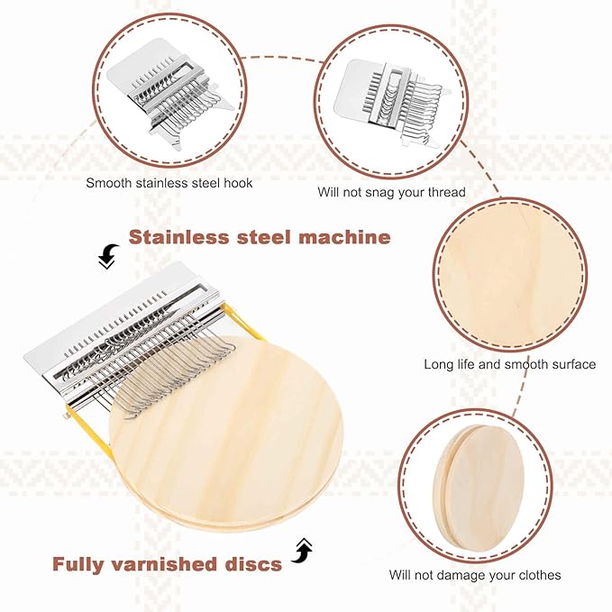 MECCANIXITY Mini Darning Loom, 21 Hooks Wood Weaving Knitting Machine with Knitting Needles for Repair Jeans Socks DIY Craft, Knit Patch Loom Weave Tool, Silver