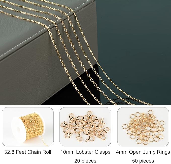Jabogrii 32.8 Feet Lip Jewelry Making Chains Bulk 18K Gold Plated Brass Chain for Jewelry Making DIY Craft Chain Roll