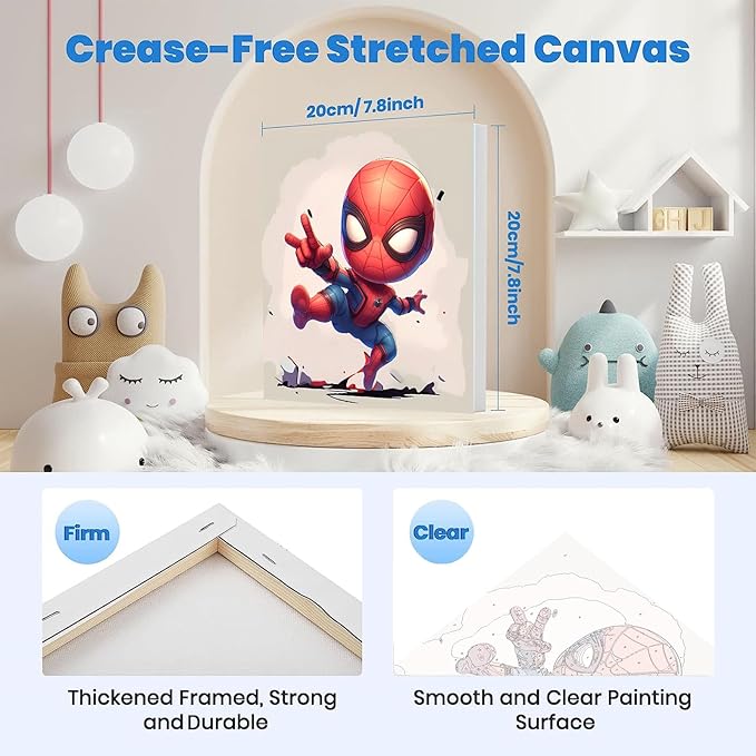 KOJEFCV 4 Pack Cartoon Paint by Numbers for Kids with Framed Canvas-with Wooden Easel, Paint by Number for Kids Ages 4-8-12, DIY Easy Acrylic Oil Painting Kits for Home Wall Decor (8X8inch)