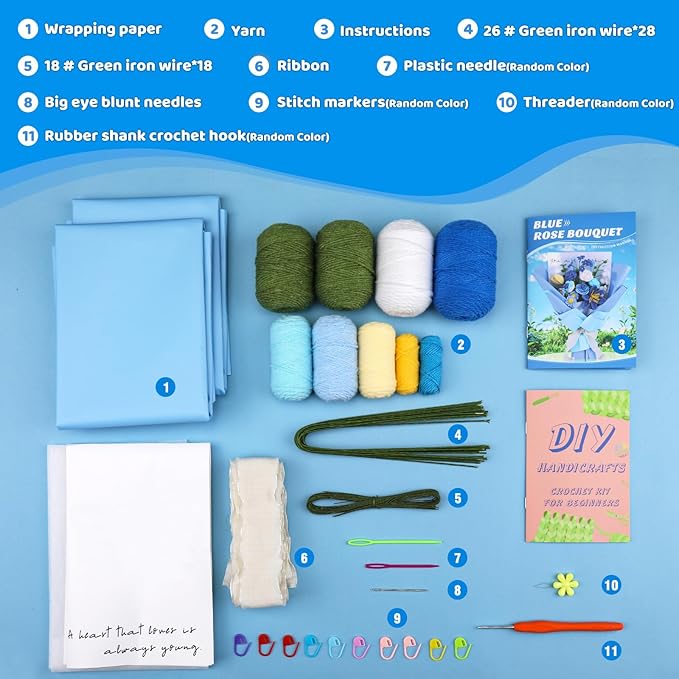Iuuidu Crochet Kit, Flower Bouquet Crochet Kit for Beginners, Crochet Bouquet Kit Rose with Step-by-Step Video Tutorials for Lover Anniversary Birthday Wedding Home Decor (Blue)