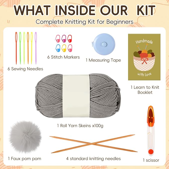 GliCraft Knitting Kits for Beginners Adults Hat Knit Kit with Yarn, Knitting Needles, Faux Pom, Scissors, Measuring Tape Practical and Easy to Use Complete Beginners for Women Men Present(Warm Grey)