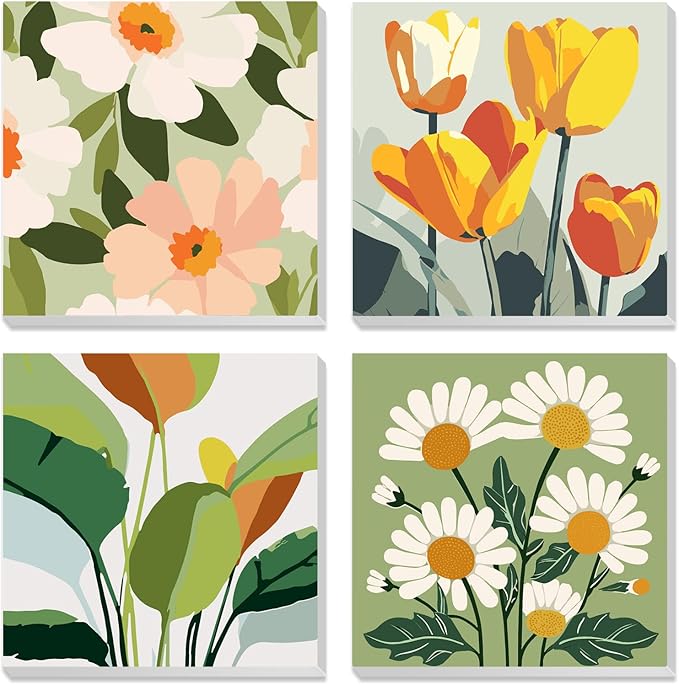 MXJSUA 4 Pack Flowers Green Plant Framed Paint by Numbers Kit with Canvas for Adults Beginner, DIY Acrylic Oil Painting Kits with Brushes for Home Wall Decor Gift (8x8 inch)