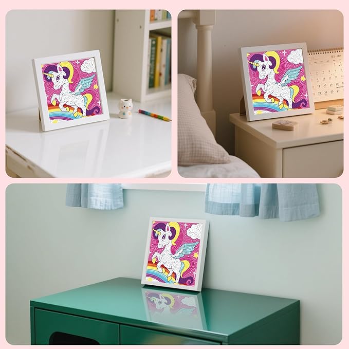 FlyingMage 5D Diamond Art Painting Kits with Wooden Frame, Cute DIY Diamond Art Mosaic Kits for Adults Women Teen, Kawaii Diamond Crafts Arts Full Drill Diamond Dots (Pink Unicorn)