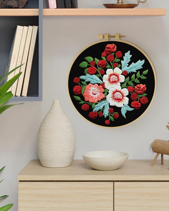 ERKOON Embroidery Kit for Beginners, Flower Cross Stitch Set for Include Embroidery Cloth Hoops Threads for Craft Lover Hand Stitch with Embroidery Skill Techniques (Dream Black Cloth)