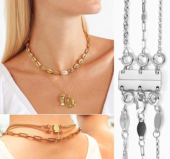 layering magnetic necklace clasp,18 k gold and silver separator for stackable necklaces