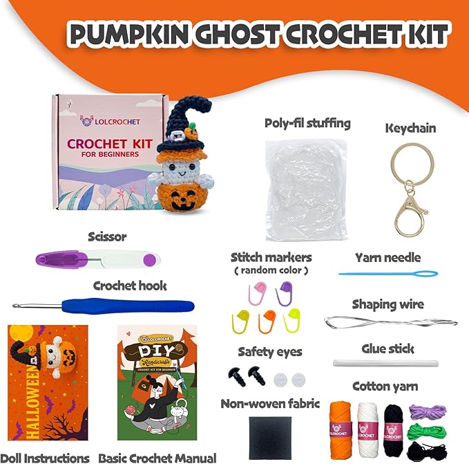 Halloween Pumpkin Ghost Crochet Kit for Beginners, Learn to Crochet Starter Set with Video Tutorial & Crocheting Manual, Easy Yarn Knitting Project for Adult & Kid 12+, DIY Stuffed Doll Gift Idea