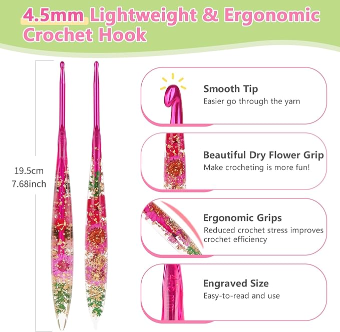 Katech 4.5mm Crochet Hooks with Floral Pattern-Elegant &Unique Crochet Needles-Longer Smooth Glide Crocheting Hook for Arthritic Hands, Beginners & Professional Ideal Crochet Gift(7)