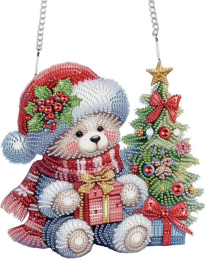 TDFERAN DIY 5D Diamond Painting Kits Hanging Sign 12x20cm Christmas Wall Art Sign Diamond Art Suncatcher Window Hanging Ornament Window Pendants Home Garden Wall Door Paint with Diamonds Wreath Bear