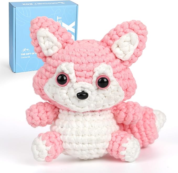 CrochetBox Crochet Kit for Beginner, Fox Easy Learn How to Crochet Stuffed Animals Gift for Adults and Teen(), Knitting Set with Yarn Hook Stitch-by-Stitch Video Tutorial(30%+ Yarn)