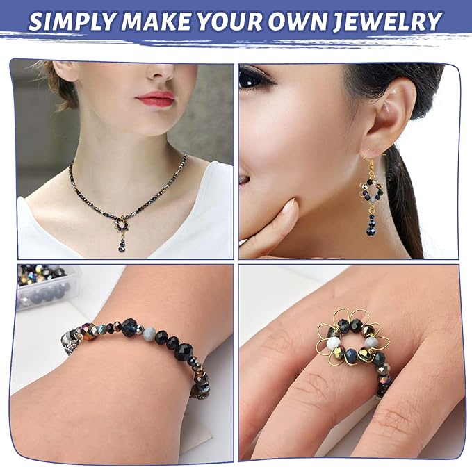 1000pcs Faceted Rondelle Beads,4/6/8mm Crystal Glass Beads for Jewelry Making Assorted 3 Sizes Spacer Loose Beads with Storage Box(Black Color)