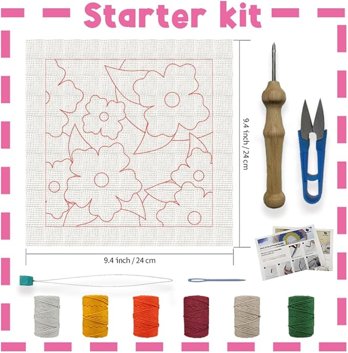 INFUNLY Punch Needle Frame Kits Red Flowers Punch Needle Embroidery Set with Patterns 9.4x9.4 Punch Needlework Starter Kit for Beginners with Yarn Fabric Festival Gift Home Decor
