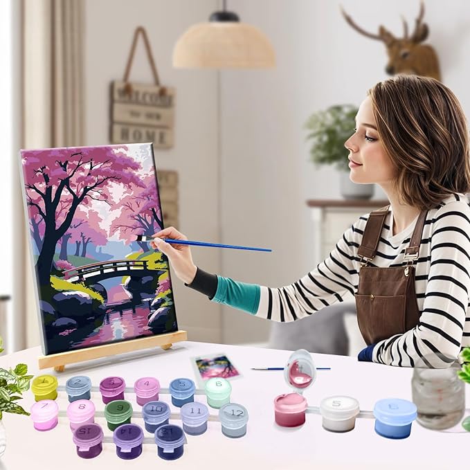 JOOZ Paint by Numbers Kit for Adults with Frame Cherry Blossom Adult Paint by Number Kits Framed Canvas Bridge Paint by Number with Easel DIY Oil Painting by Number for Gift Home Wall Decor 8x12 Inch