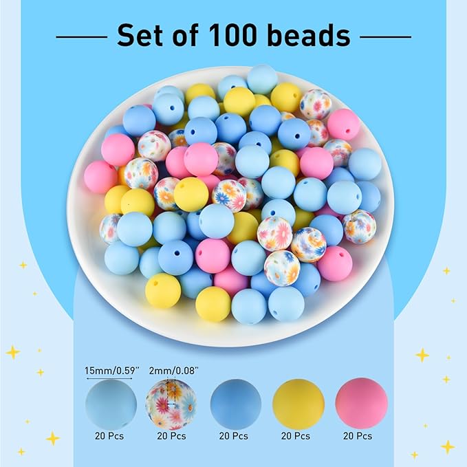 ASTARON 100 Pcs 15mm Silicone Beads for Keychain Making,Yellow Pink Blue Bulk Round Beads for Bracelets Crafts Beadable Pens Decorations Jewelry Making Party Favors Supplies