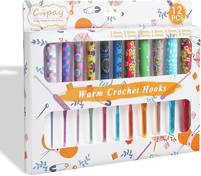 Coopay Warm Crochet Hooks Plus for Crochet Gifts, 12PCS 2mm-8mm(B-L) Crochet Kit Crochet Hook Set Ergonomic Grip Crochet Needles for Crocheting Art Yarn Craft,Precious Knitting & Crochet Supplies