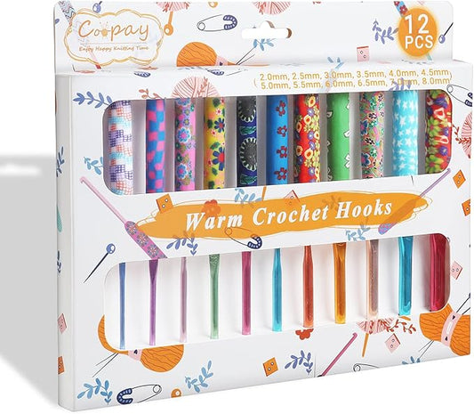 Coopay Warm Crochet Hooks Plus for Crochet Gifts, 12PCS 2mm-8mm(B-L) Crochet Kit Crochet Hook Set Ergonomic Grip Crochet Needles for Crocheting Art Yarn Craft,Precious Knitting & Crochet Supplies