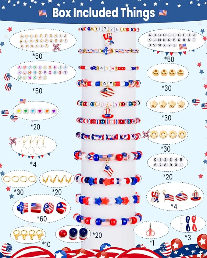Goldwise 1578Pcs 4th of July Red White Blue Beads Bracelet Making Kit with Clay Seed Plastic Pony Pearl Beads, Patriotic USA Flag Star Beads, Metal Charms Earrings for Jewelry Making