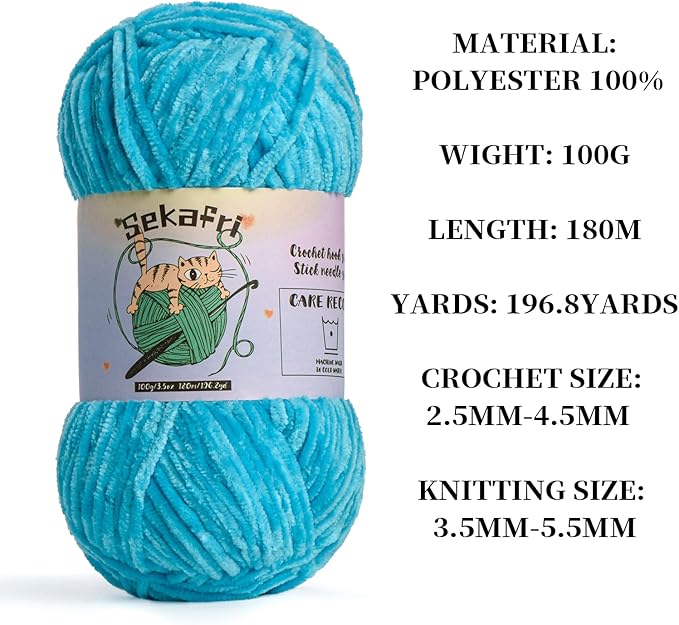 3 Pack of 300g (590yds) Fuzzy Chenille Yarn for Crocheting,Fluffy Amigurumi Crochet Yarn for DIY Craft/Hat/Clothes, Soft Velvet Baby Blanket Yarns（3 Blue）