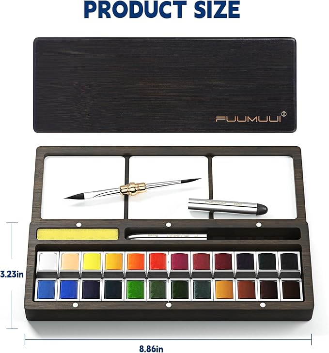 Fuumuui Watercolor Paint Set, 24 Watercolor Paints with Dual Tip Travel Watercolor Brushes Wooden Palette, Art Supplies for Painting, Travel Watercolor Set, Amateur Hobbyists