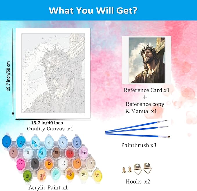 Artunion Jesus Cross Paint by Numbers Kit for Adults,Religious Christians Paint by Number Kits, DIY Oil Painting Paint by Number Kits on Canvas Arts Craft for Home Wall Decor 16x20 Inch