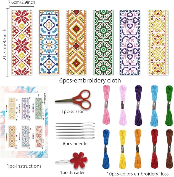 BEUNITONE 6 Pcs Vintage Cross Stitch Bookmark Kits for Beginner with Backing Felt Floss Instructions, Handmade Bookmarks DIY Stamped Craft Embroidery Kits for Adults, Book Lovers 8.5''x3''