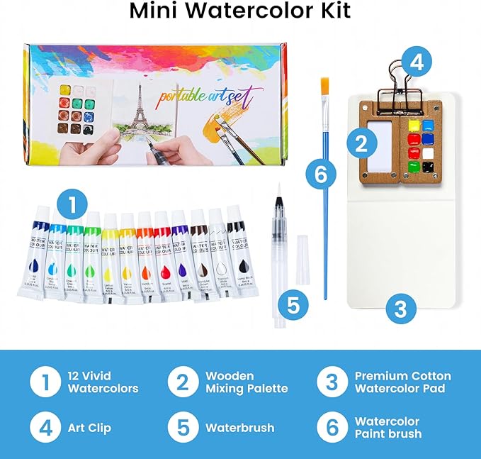 Mini Watercolor Paint Set, Travel Watercolor Paint kit with 12 Colors, Refillable Brush & Sketchbook, Ideal Watercolor Palette for Travel, Creative Painting Kit for Beginners and Artists(8 Gird)