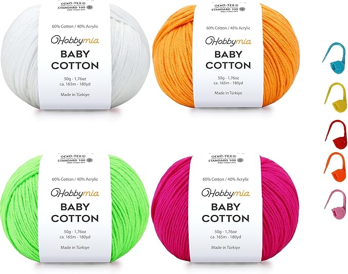 Baby Cotton Yarn Bundles for Crocheting - Each Ball is 50g / 180yds - (2) Fine, Sport Weight Yarn - Amigurumi Yarn, Crochet Thread - & 5 Stitch Makers (Neon - 1)