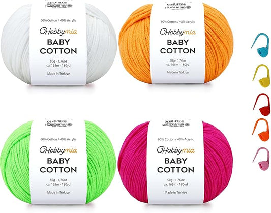 Baby Cotton Yarn Bundles for Crocheting - Each Ball is 50g / 180yds - (2) Fine, Sport Weight Yarn - Amigurumi Yarn, Crochet Thread - & 5 Stitch Makers (Neon - 1)