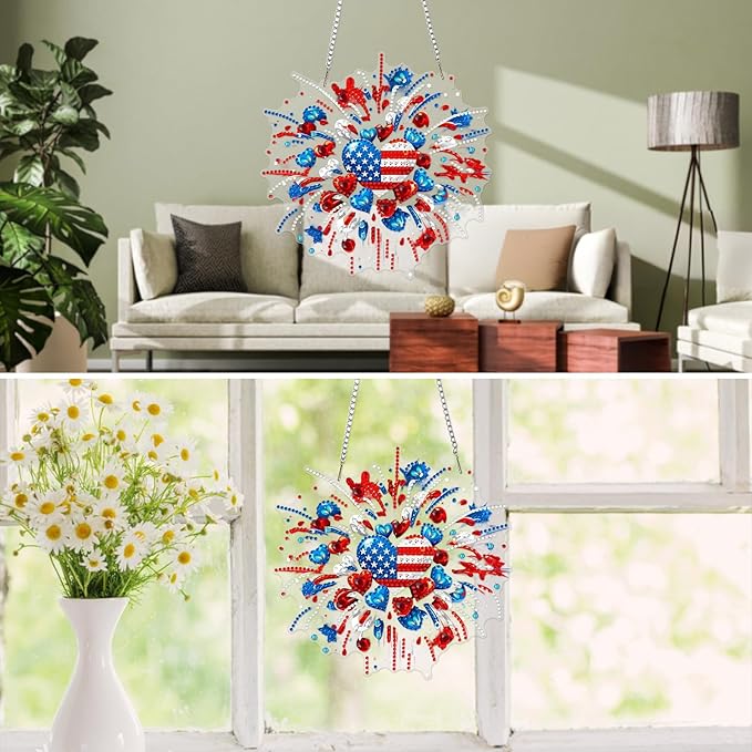 MXJSUA American Flag Fireworks Diamond Painting Art Window Suncatchers, Diamond Art Kits for Adults Hanging Ornaments with Chain, 5D Special Shape Crystal Diamond Pendant Accessories for Decor Gift
