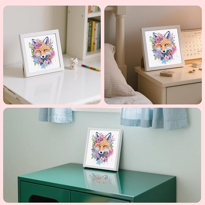 FlyingMage 5D Diamond Art Painting Kits with Wooden Frame, Cute DIY Diamond Art Mosaic Kits for Adults Women Teen, Kawaii Diamond Crafts Arts Full Drill Diamond Dots (White Fox)