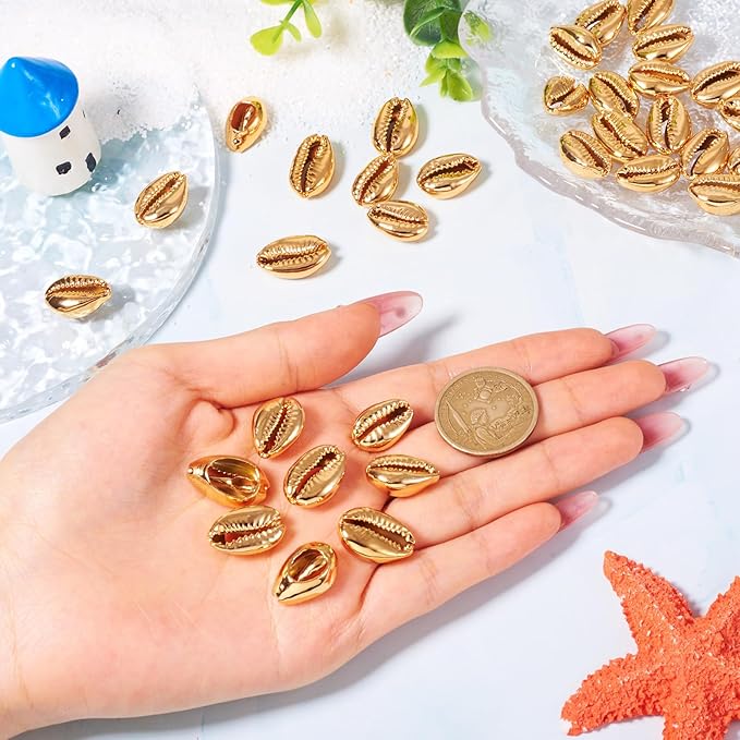 Cheriswelry 50pcs Light Gold Electroplated Shell Beads Cowrie Shells Spiral Sea Shell Summer Beach Loose Spacer Beads for Bracelet Craft Jewelry Making Fish Tanks Home Decoration 15~20mm