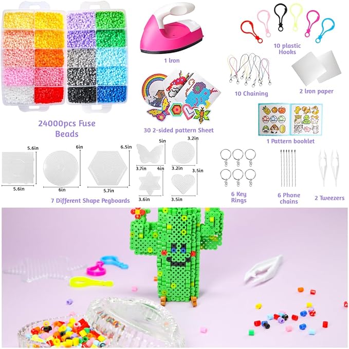 meland fuse beads with mini iron - 24,000pcs beads for crafts for girls age 3-12 year old, 24 color 5mm melty bead set, art & craft kit for girls gift idea for birthday christmas