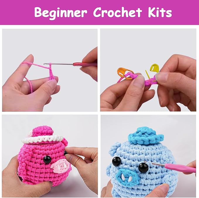 Vanttokeey Crochet Kit for Beginners, Animal Amigurumi Crochet Kits Included, Step-by-Step Video Tutorials, Beginner Crochet Kit for Adults and Kids, Crocheting Starter Set (Pig RoBo)