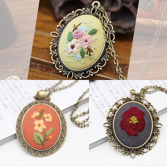 MWOOT 3 Pack Pendant Embroidery Starter Kit for Beginners, Retro Necklace Series Cross Stitch Tools for Necklace & Earrings & Hand Sewing Jewelry & Creative Gifts,Style B