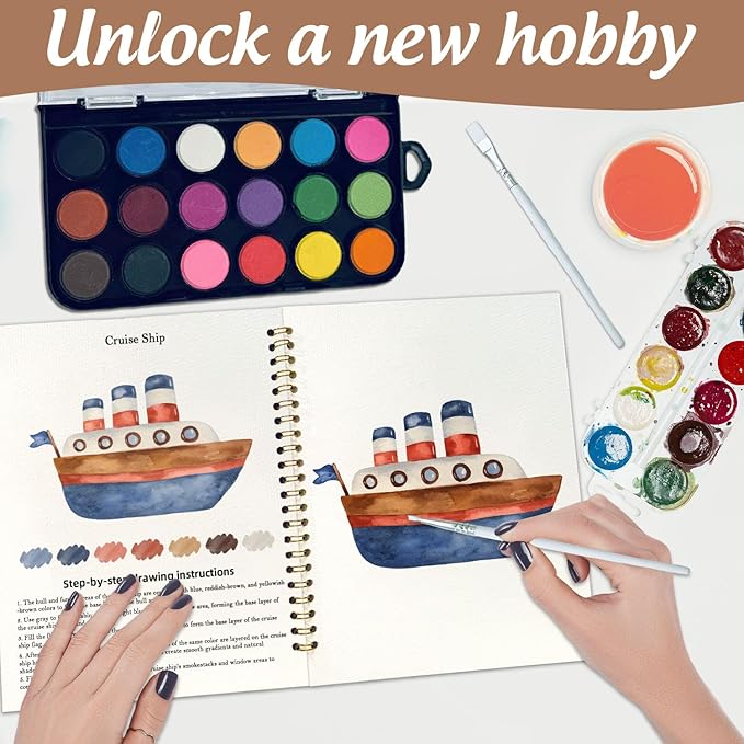 Watercolor Workbook, Water Coloring Book, 12 Different Patterns of Original DIY Designs, 18 Colors Watercolor Paint Set, Beginner-Friendly Watercolor Workbooks(Transportation), Perfect Gifts for Adult
