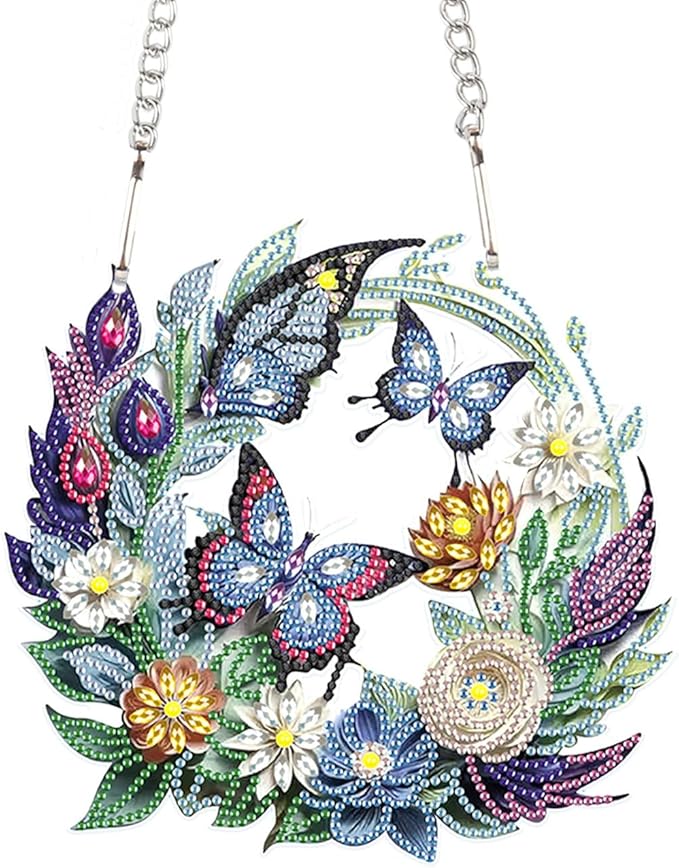 Flower Birdcage Design DIY Diamond Art Painting Wreath Kits Special Shaped Rhinestone Diamond Art Window Pendants Home Garden Wall Hanging Kits (Single Side Point Drill) (#11-Cat) (#12-Butterfly)