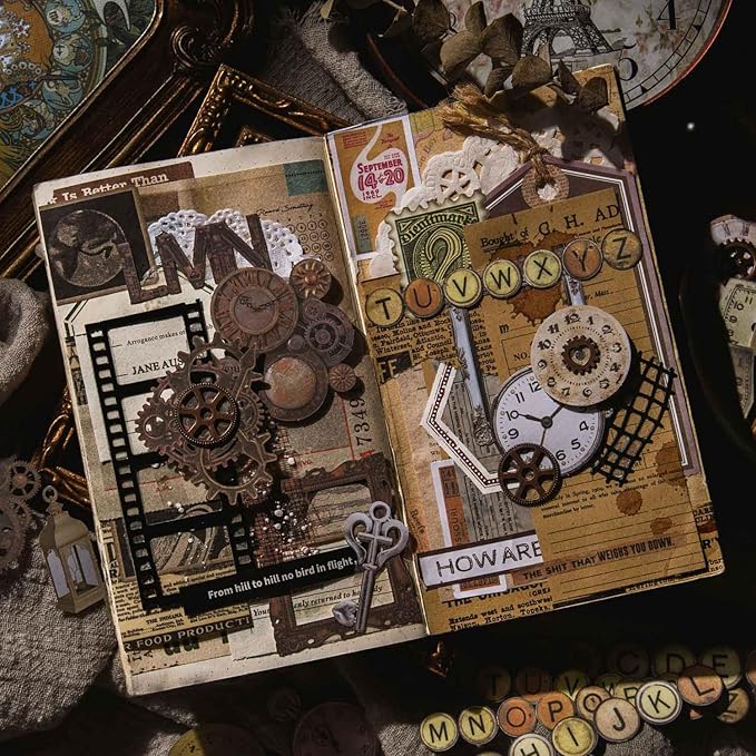 Vilikya 120pcs Steampunk Junk Journal Supplies, Small Vintage Scrapbook Materials Paper for Journaling Kit, Scrapbooking Ephemera, Punk Collage Cards for Dark Academia Home Room Decor