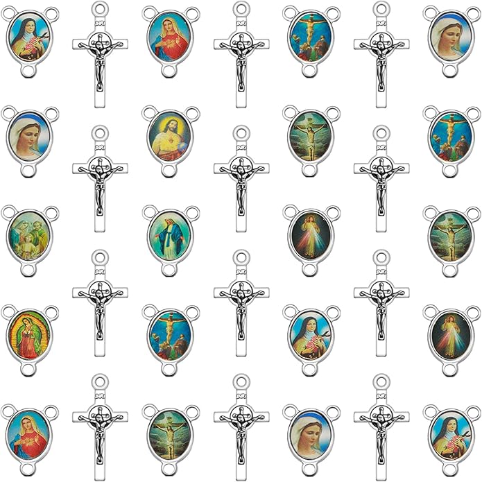 60Pcs/30Sets Rosary Making Kits Supplies Alloy Religion Cross and Center Medal Charms Pendant Oval Chandelier Links for Diy Prayer Necklace Jewelry