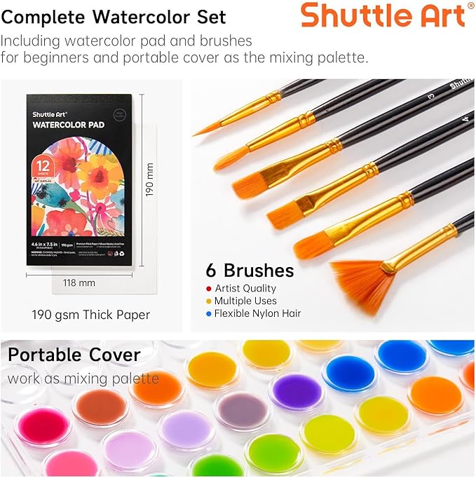 Shuttle Art 43 Pack Watercolor Paint Set, 36 Colors Watercolor Paint Pan Set with 6 Brushes and 1 Watercolor Pad for Beginners, Artists, Kids & Adults Watercolor Painting, Bullet Journal, Calligraphy