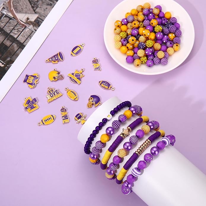 2200PCS+ Game Day Beads Charms for Bracelet Making Polymer Clay Beads Crystal Pearl Letter Gold Spacer Beads Football Charms for Game Day Bracelet Necklace Making DIY Crafts