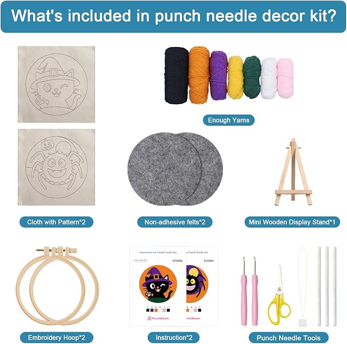 Halloween Punch Needle Kit for Adult Beginner, Easy Punch Embroidery Starter Set with Instruction, Fun DIY Needle Point Craft for Home Decor & Holiday Gift Idea(2pcs Cat & Spider)