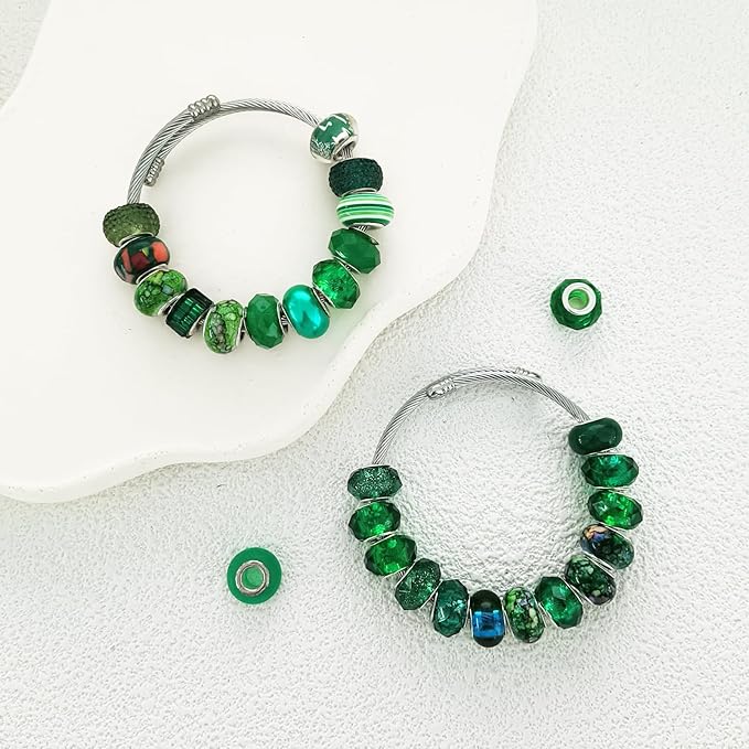 Large Hole European Beads for Pens - 100 Pieces Dark Green Assorted Fairy Wand Garden Lampwork Craft Spacer for DIY Bracelet Necklace Decoration Jewelry Making Supplies