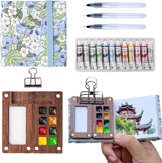 Aimery Mini Watercolor Paint Travel Set, Portable Small Miniature Pocket Water Color Painting Kit with Wooden Palette & Sketchbook(Blueberry)