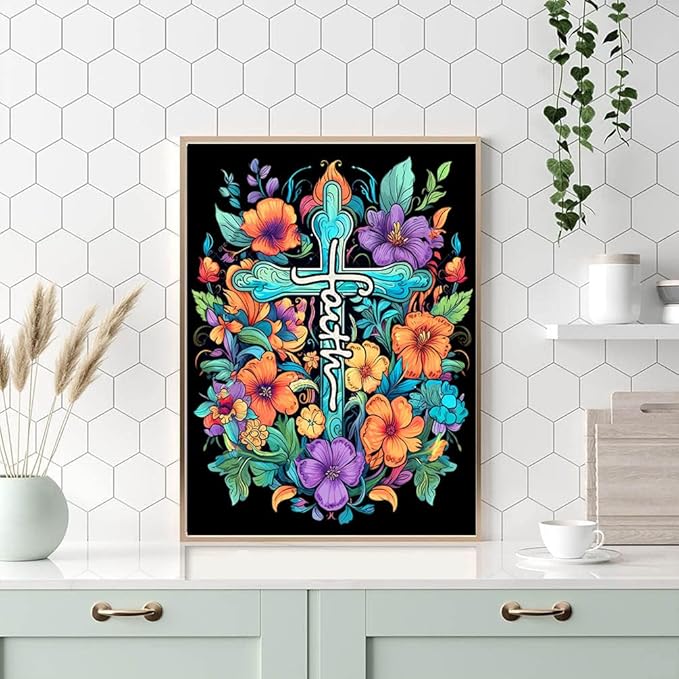 Cross Flowers Diamond Painting Kits for Adults Beginners - Christ Crosses Diamond Art Kits for Adults, Full Drill DIY 5D Diamond Painting Flowers Gem Art Crafts Kits for Home Wall Decor 12x16 inch