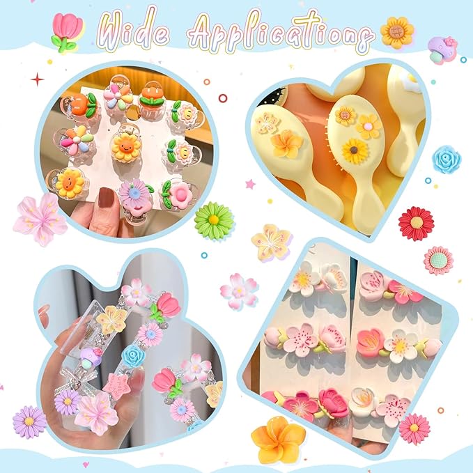 100PCS Flower Slime Charms Cute Flatback Resin Charms for Slime, Kawaii Random Decoden Charm for Embellishments Phone Junk Case Charms Bulk,Hairpins Scrapbooking Crafting DIY Decor