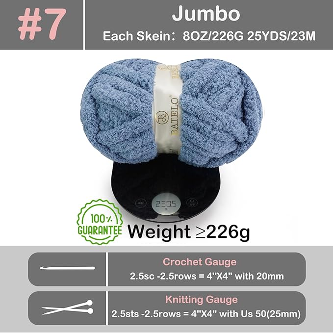 Chunky Yarn for Hand Knitting, Chunky Chenille Blanket Yarn for Crocheting, Bulky Soft Fluffy Chenille for Blanket Project, 8 Pack of 8oz/25yds, Fog Blue