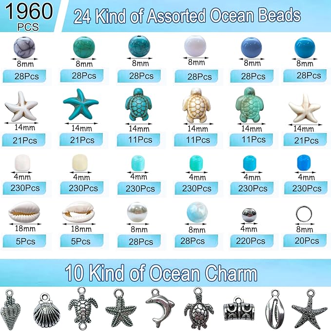 1960Pcs Ocean Beads for Bracelets Making Kit, Blue and White Summer Beach Bead for Jewelry Making, Sea Turtle Seashell Starfish Shape Beads 8mm Round Seed Bead for DIY Craft Bracelets Earring