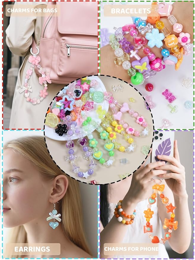 HSONAIGEE 450-540 Pieces Acrylic Beads for Bracelet Making, Assorted 9 Colors Cute Beads Charms Jewelry Making Kit Flower Heart Gummy Bear Star Beads for DIY Crafts Phone Charms Necklace Keychains