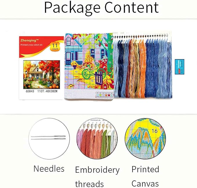Zhenqing Autumn Maple Forest Cabin Printed Cross Stitch Kit - 11CT 38x48cm with Threads, Needle & Pattern, No Hoop Needed for Beginners(65843)