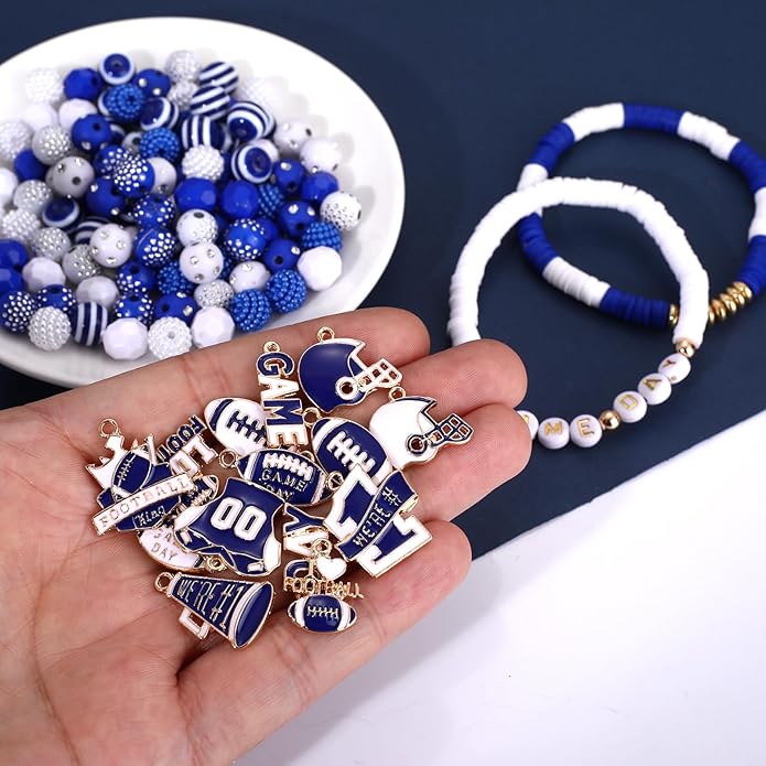 2200PCS+ Game Day Beads Charms for Bracelet Making Polymer Clay Beads Crystal Pearl Letter Gold Spacer Beads Football Charms for Game Day Bracelet Necklace Making DIY Crafts